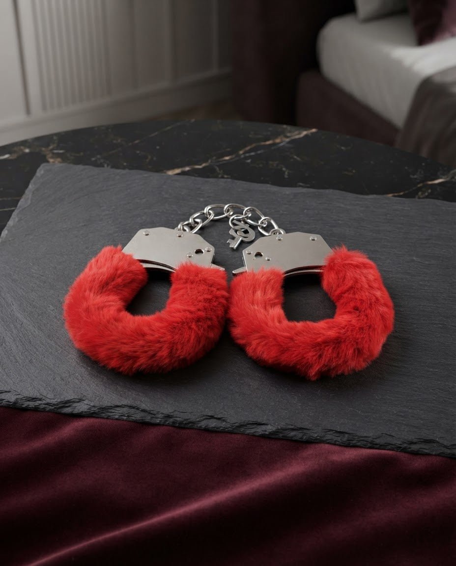 Furry Cuffs with Eye Mask - Red