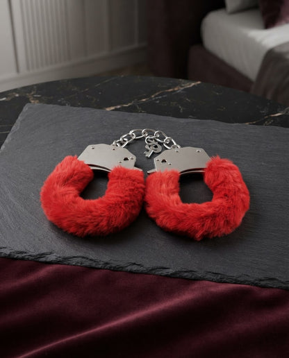 Furry Cuffs with Eye Mask - Red